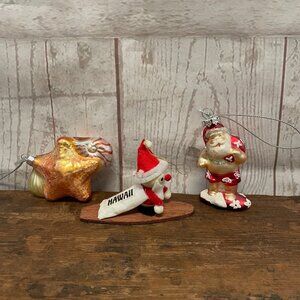 Vintage Hawaiian Santa and Shell Glass Ornaments, lot of 3 items
